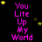 Black background with repeated pink text "You Lite Up My World" and scattered yellow stars, featuring a gray rectangular overlay in the bottom-right corner.
