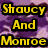Yellow text on purple background with black outlines, displaying "Shauncy And Monroe Maybe Today" in pixelated font.
