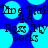 Pixelated blue background with repeating light blue circles and black text reading "Frogs" and "Rocks" in a pattern