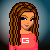 Pixel art of a female character with long brown hair wearing a pink top and blue skirt, holding a matching pink bag.