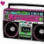 Pixelated pink boombox with green and blue accents, black speakers, white knobs, small heart icon in top-left corner.