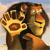 A pixelated image of a lion's face with a large paw print overlay, set against a light blue and beige background.