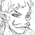 Pixelated grayscale icon of a stylized character with large eyes, flowing hair, and abstract limbs against a white background.