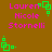 Brown background with pink text reading "Lauren Nicole Stornelli" and green square-based pixel art icons in four corners.