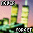 Pixelated image with 'NEVER' text top-left, 'FORGET' text bottom-center, green-yellow vertical structures, and pink-purple background.