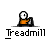 Pixelated character in orange shirt and black pants on gray background, holding treadmill handle with both hands, text below reads "Treadmill".