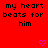 Red background with black pixelated text reading 'my heart beats for him' and two purple pixelated hearts below.