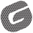 A grayscale pixelated icon featuring a stylized circular shape with a checkered pattern and a white curved cutout.
