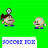 Two pixelated cartoon characters stand against a bright green background with white dots; one holds a tennis racket, the other has a mustache and raised hand.