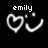Pixelated black-and-white icon with 'emily' text above a heart outline and curved line forming a smiley face.