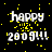 Black background with yellow pixelated confetti, white text reading 'happy 2009!!!' in two , animated confetti falling