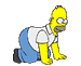 Yellow-skinned cartoon character in white shirt and blue pants crawls on gray background, transitioning from all-fours to kneeling position