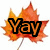 Animated autumn leaf icon with text changing from 'Yay' to 'For' to 'FALL!' in sequence.