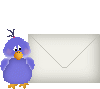 A purple bird with orange beak and feet stands beside white envelopes, some displaying 'Email' text.