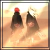 Two figures in dark cloaks with red and white head coverings stand side-by-side against a light brown background.