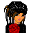 Pixelated character with black hair, orange skin, and red rose on chest against white background.