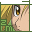 Pixelated anime-style close-up of a character's eye and hand with yellow hair, green clothing, and light skin tone.