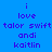 A static image with blue background displaying repeated text in purple and red blocks, showing 'i love talor swift andi kaitlin' across three