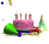 Pink cake with red candles, green cone, and small tree on white background with scattered confetti and colored squares.