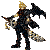 Pixelated character with golden hair and black wings holding a large sword, shown in four sequential poses against gray background.