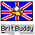 Pixelated Union Jack flag background with a yellow cartoon character wearing a black top hat and white face, positioned below the text "Brit Buddy" in blocky pixel font.