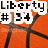 Pixelated graphic with orange background and dark structural elements, featuring text 'Liberty' above '#134' in black block letters on white rectangular field.