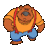 Pixelated character in orange shirt and blue pants with red suspenders, standing against gray background.