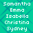 Pixelated text names on a teal background with blue diamond pattern, arranged in two vertical of six names each