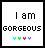 Pixelated text reads 'I am GORGEOUS' with four colored Y-shaped symbols below on a white background.