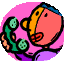 Animated circular icon with pink background shows a cartoon character's face turning left and right while holding green and blue objects.