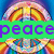 Four identical peace sign icons arranged in a with colorful text overlays on each