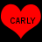 Two identical red heart shapes with black text 'CARLY' centered inside each, displayed side-by-side on a solid black background.