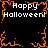 Pixelated orange and white Halloween-themed icon with 'Happy Halloween!' text repeated four times around a central spiderweb design on black background.