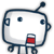 Two pixelated robot icons with white bodies, blue outlines, and red mouth props; left icon has small circular eyes, right icon has large concentric circle eyes.
