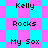 Pixelated text 'Kelly', 'Rocks', and 'My Sox' arranged in a on alternating cyan and magenta diamond-patterned backgrounds