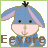 Pixelated cartoon donkey icon with blue body, purple inner ears, and pink face in two frame states showing text color variation.