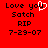 Red background with black pixelated text reading "Love you Satch RIP 7-29-07" and a white pixelated heart symbol replacing the 'u' in "you".