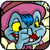 Pixelated cartoon character with light blue skin, pink hair, yellow eyes, and red lips in a static icon.