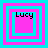 Four square display a repeating pattern of nested cyan and pink squares with the text 'Lucy' in black pixelated font above each
