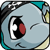 Pixelated cartoon character icon with light blue face, black and white eye design, red circular cheek mark, and teal/black border elements on a gray background.