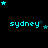 Pixelated cyan text 'sydney' on black background with scattered cyan and dark blue stars, stars animate in position across frames.