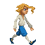 Pixel art animation of a character with blonde hair walking in multiple poses against gray background.