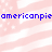Pixelated text 'americanpie' repeats horizontally in blue on a pink and white striped background with scattered stars.