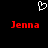 A static pixel art image with a black background, featuring two red 'Jenna' text labels and one white heart symbol above them.