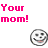 Pixelated text and two circular emoji-style icons on white background, with pink and teal lettering.