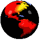 Animated sequence of a rotating globe showing red continents on black background with yellow and blue highlights on polar regions.