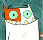 Animated cartoon character with orange and white head, green eyes, sharp teeth, and a teal patterned background showing sequential eye expressions.
