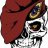Pixelated image of a skull wearing a red beret with a black band, positioned against a white background.
