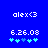 Blue background displays white text 'alex<3' and '6.26.08', with cyan plus signs below; animation changes the sequence of light blue and dark blue plus sign positions.