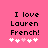 Pink background with black pixelated text reading "I love Lauren French!" and five white heart symbols below, two of which are light pink.